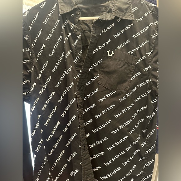 True Religion Button Up shirt Black name print all over - Picture 1 of 2